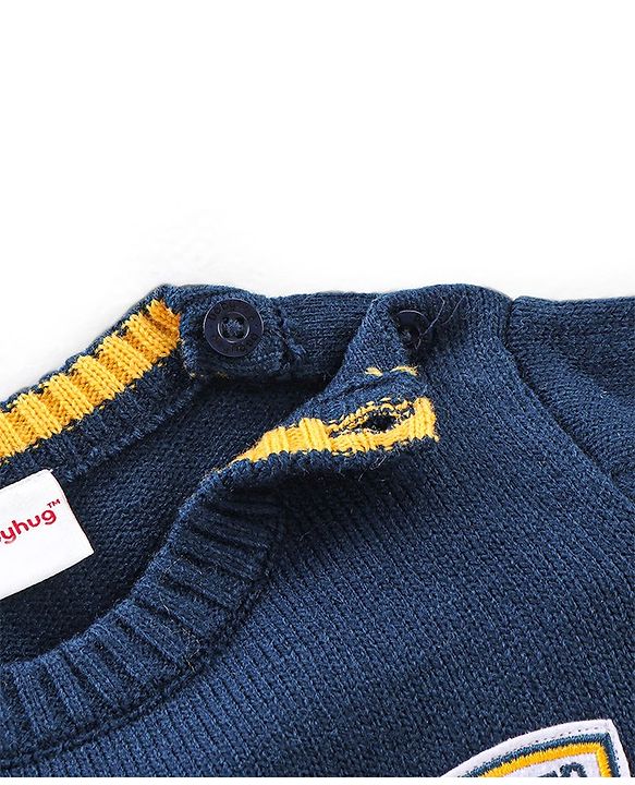 Babyhug Knit Full Sleeves Sweater With Striped & Soccer Badge - Blue & Yellow