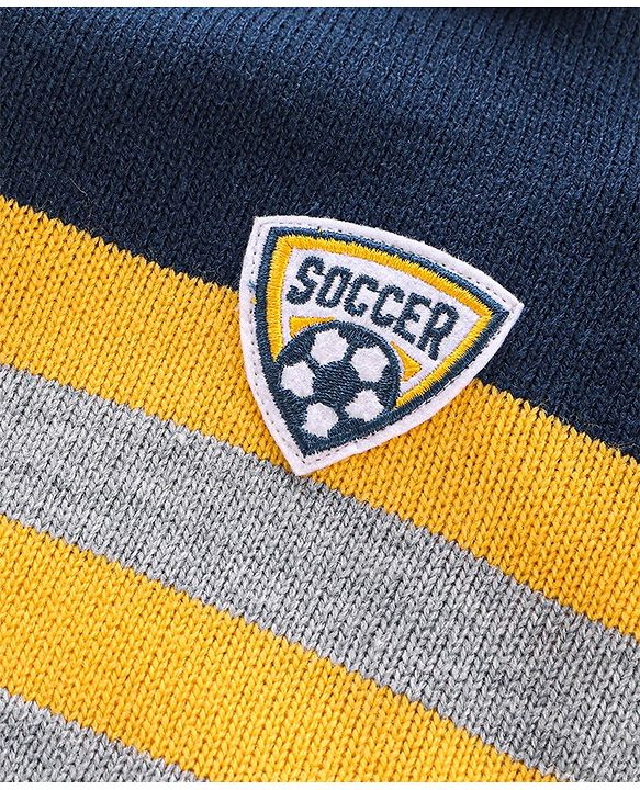 Babyhug Knit Full Sleeves Sweater With Striped & Soccer Badge - Blue & Yellow