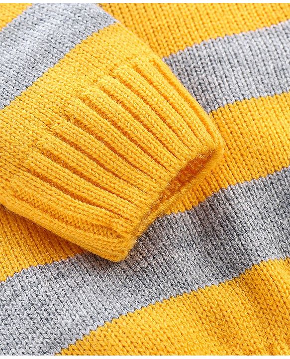 Babyhug Knit Full Sleeves Sweater With Striped & Soccer Badge - Blue & Yellow
