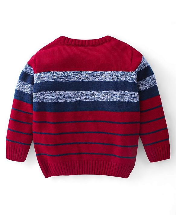 Babyhug Knit Full Sleeves Pullover Sweater Striped & B Embroidery - Red & Navy Blue