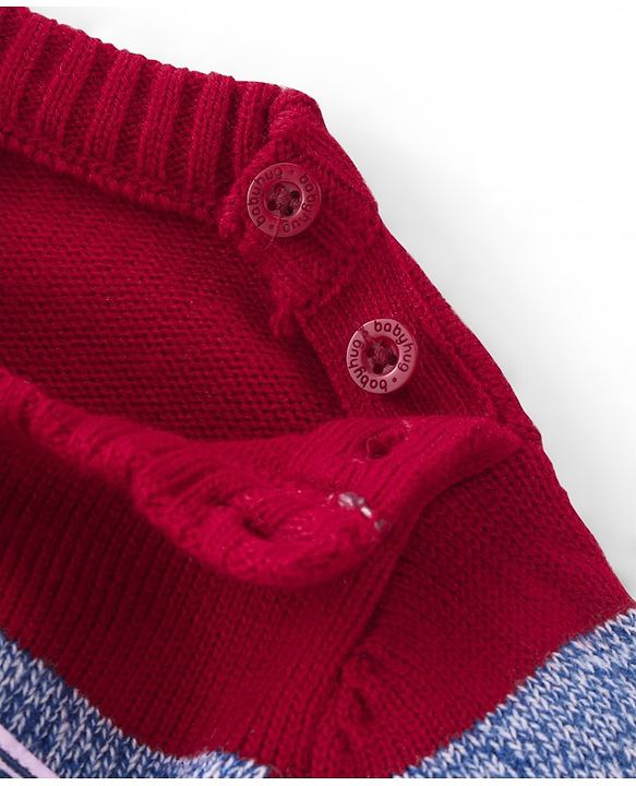 Babyhug Knit Full Sleeves Pullover Sweater Striped & B Embroidery - Red & Navy Blue
