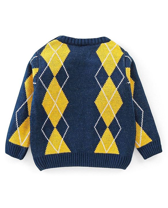 Babyhug Knit Full Sleeves Sweater With Kite Print - Navy Blue & Yellow