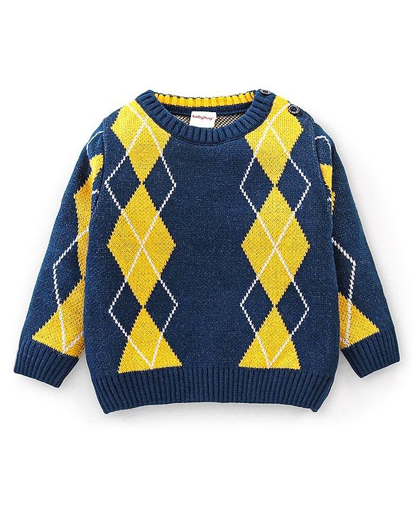 Babyhug Knit Full Sleeves Sweater With Kite Print - Navy Blue & Yellow