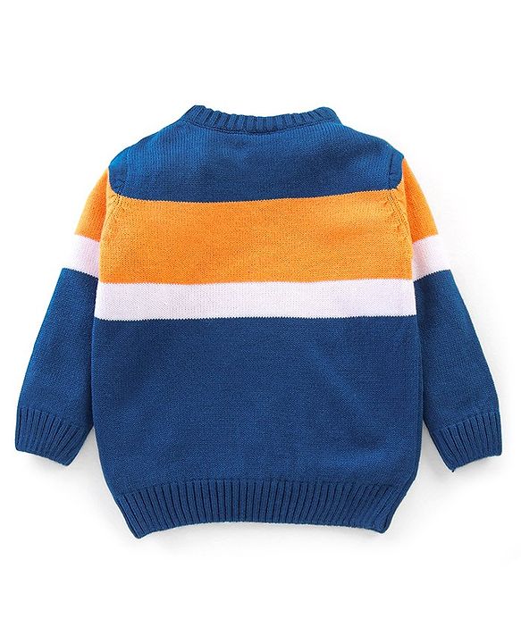 Babyhug Knit Full Sleeves Sweater With Stripes - Navy & Orange