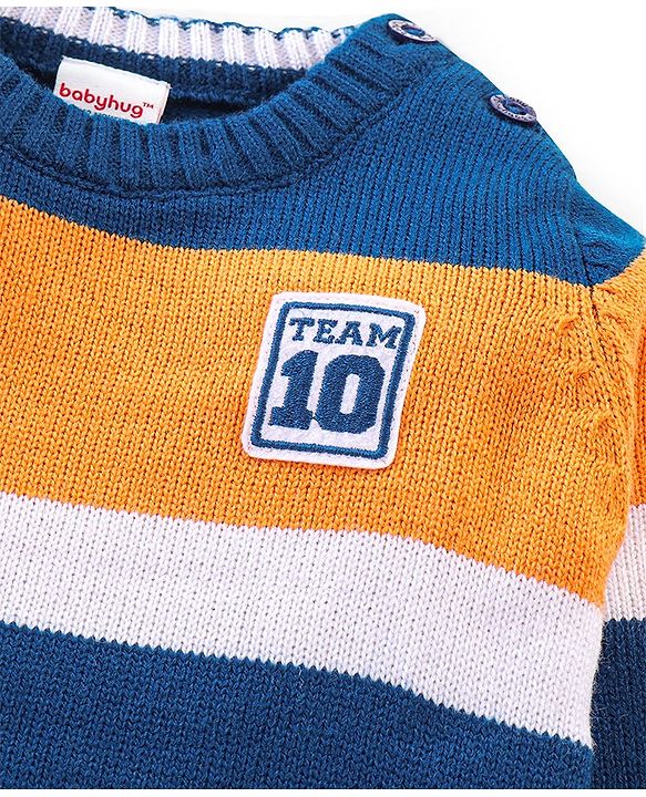 Babyhug Knit Full Sleeves Sweater With Stripes - Navy & Orange