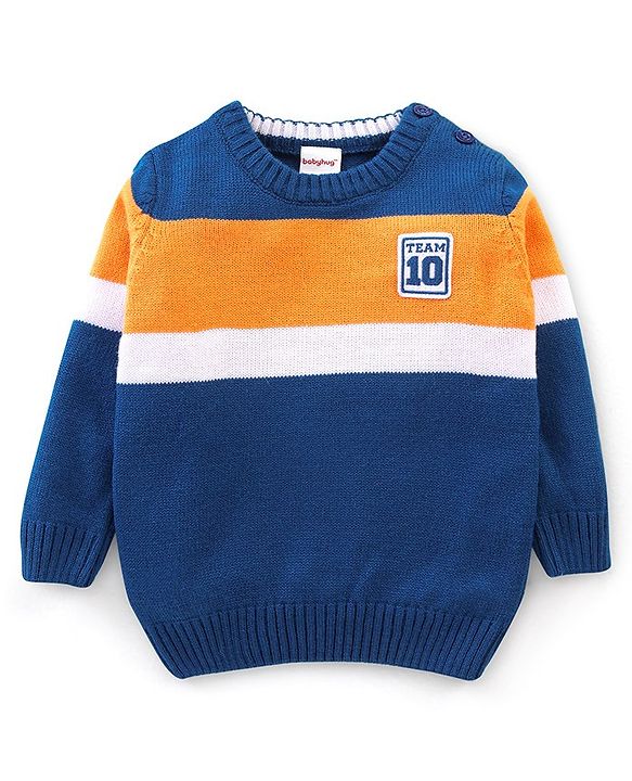 Babyhug Knit Full Sleeves Sweater With Stripes - Navy & Orange