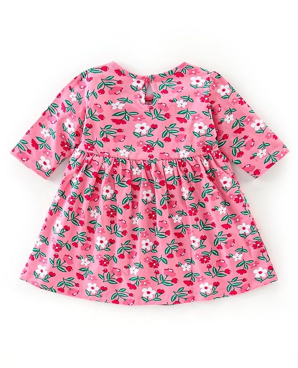 Babyhug Cotton Knit Three Fourth Sleeves Frock with Leggings Floral Print - Maroon & Pink