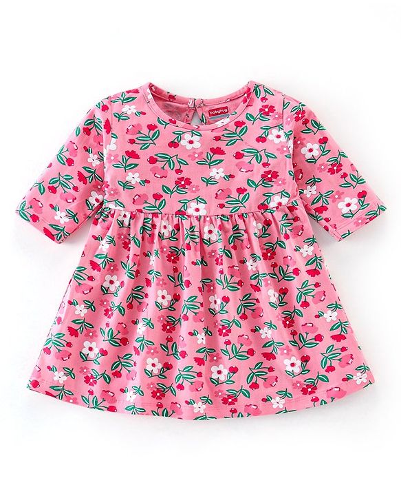 Babyhug Cotton Knit Three Fourth Sleeves Frock with Leggings Floral Print - Maroon & Pink
