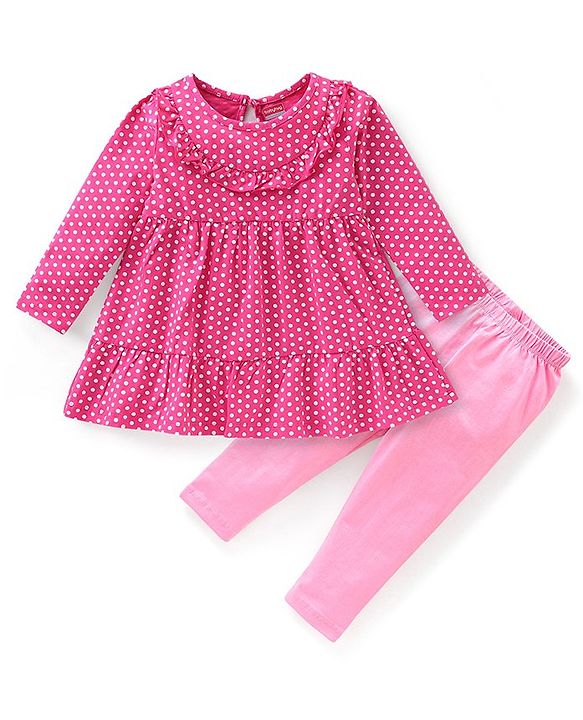 Babyhug 100% Cotton Knit Full Sleeves Frock with Legging Polka Dot Print - Dark Pink