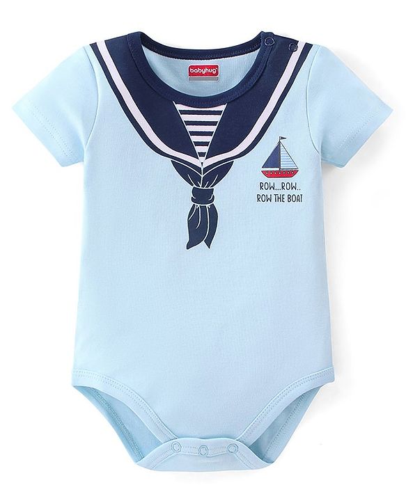 Babyhug 100% Cotton Knit Half Sleeves Onesies Boat Print - Blue