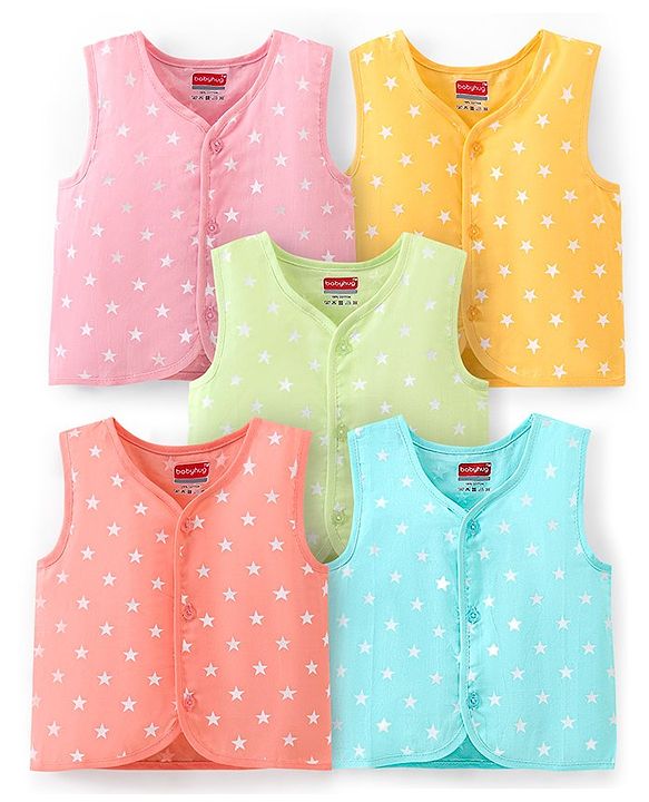 Babyhug 100% Cotton Woven Sleeveless Jhablas Star Print Pack of 5 - Pink Green & Blue