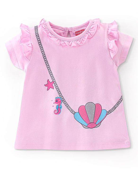 Babyhug 100% Cotton Half Sleeves T-Shirt With Sea Life Graphic Glitter & Frill Detailing - Pink