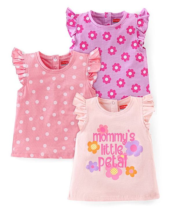 Babyhug 100% Cotton Half Sleeves Tee With Floral Graphics & Frill Detailing Pack Of 3- Peach & Purple