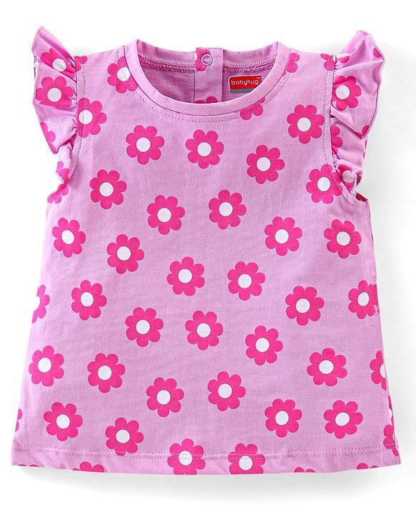 Babyhug 100% Cotton Half Sleeves Tee With Floral Graphics & Frill Detailing Pack Of 3- Peach & Purple