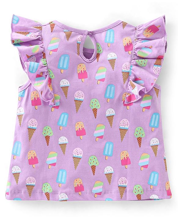 Babyhug 100% Cotton Knit Frill Sleeves Top with Ice-Creams Print - Purple