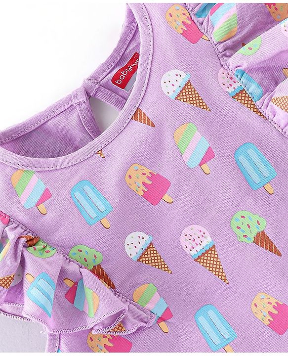 Babyhug 100% Cotton Knit Frill Sleeves Top with Ice-Creams Print - Purple
