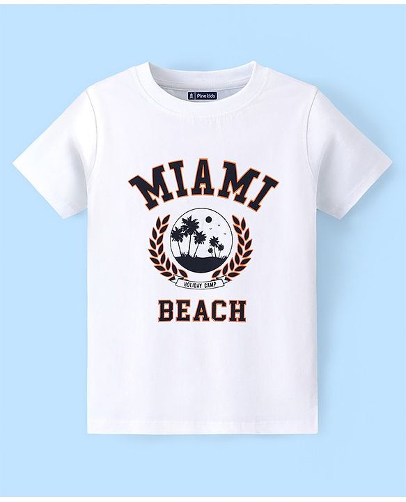 Pine Kids 100% Cotton Knit Half Sleeves Biowashed T-Shirt Miami Beach Print - Snow White