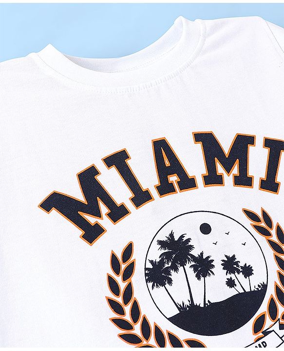 Pine Kids 100% Cotton Knit Half Sleeves Biowashed T-Shirt Miami Beach Print - Snow White
