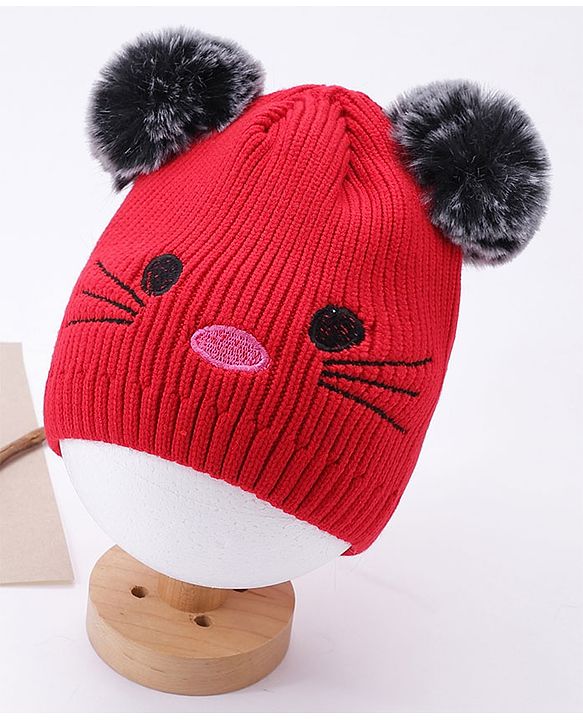 Babyhug Pom Pom Woollen Cap Animal Design Large Size - Red