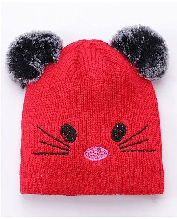 Babyhug Pom Pom Woollen Cap Animal Design Large Size - Red