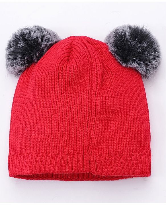Babyhug Pom Pom Woollen Cap Animal Design Large Size - Red