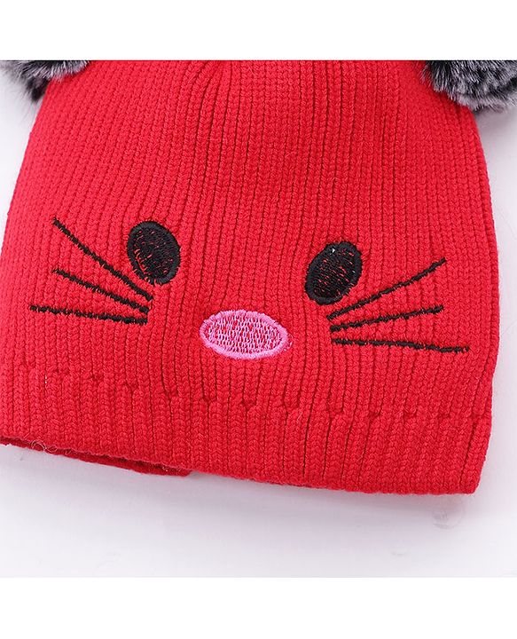Babyhug Pom Pom Woollen Cap Animal Design Large Size - Red