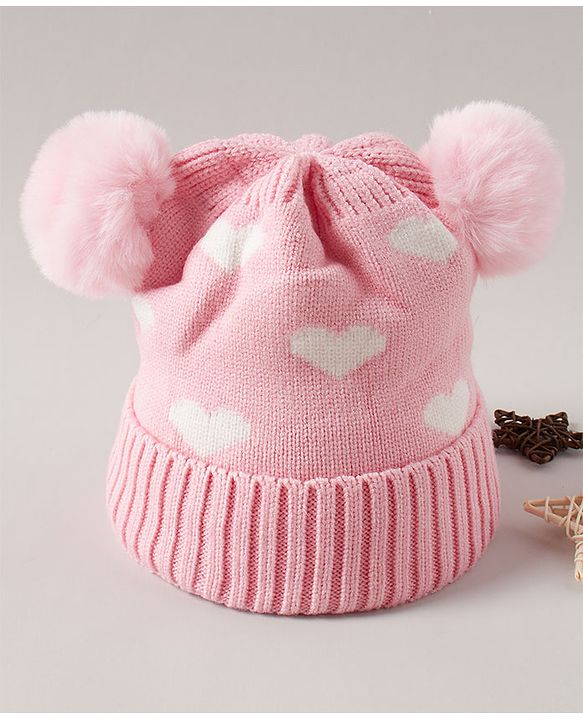 Babyhug Pom Pom Woollen Cap Heart Design Medium Size - Pink