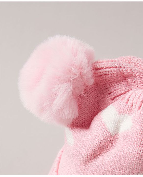 Babyhug Pom Pom Woollen Cap Heart Design Medium Size - Pink