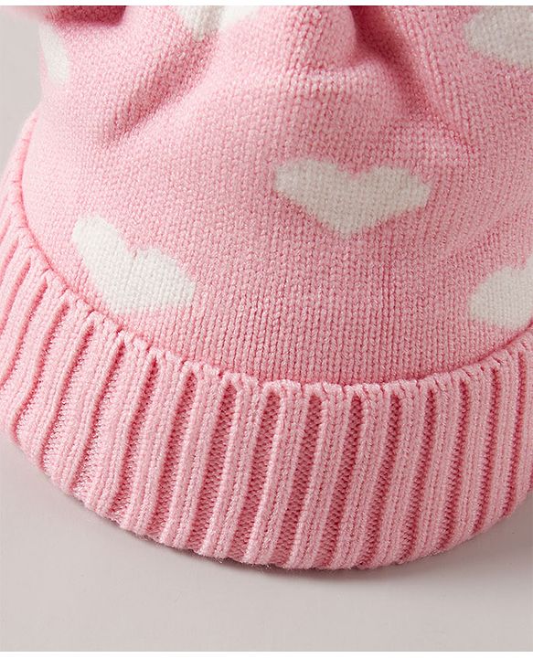 Babyhug Pom Pom Woollen Cap Heart Design Medium Size - Pink
