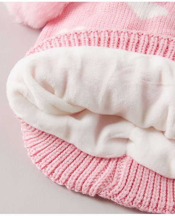 Babyhug Pom Pom Woollen Cap Heart Design Medium Size - Pink