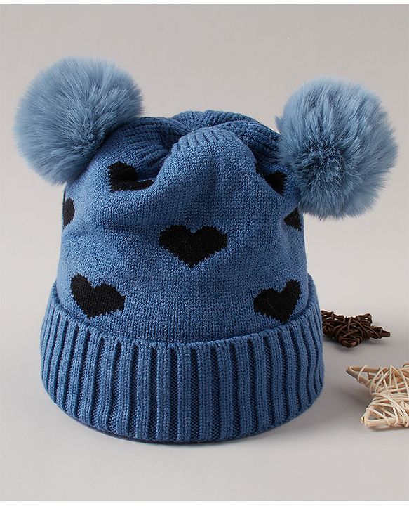 Babyhug Pom Pom Woollen Cap Heart Design Medium Size - Pink