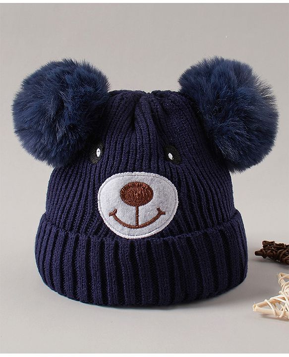 Babyhug Pom Pom Ears Woollen Cap Bear Face Design - Navy Blue