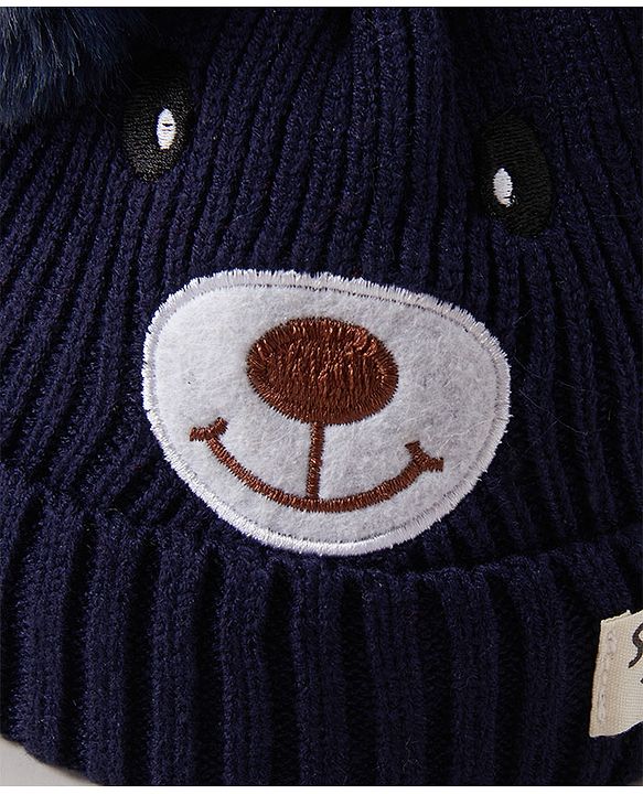 Babyhug Pom Pom Ears Woollen Cap Bear Face Design - Navy Blue