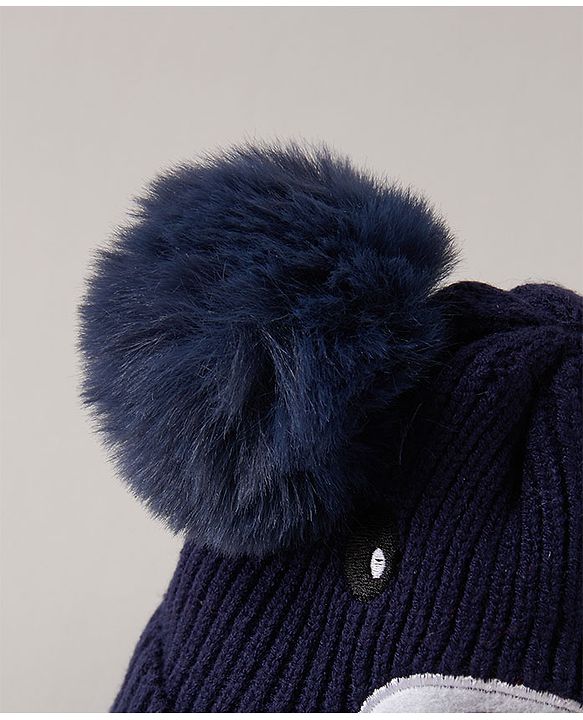 Babyhug Pom Pom Ears Woollen Cap Bear Face Design - Navy Blue