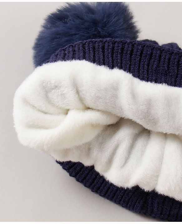 Babyhug Pom Pom Ears Woollen Cap Bear Face Design - Navy Blue