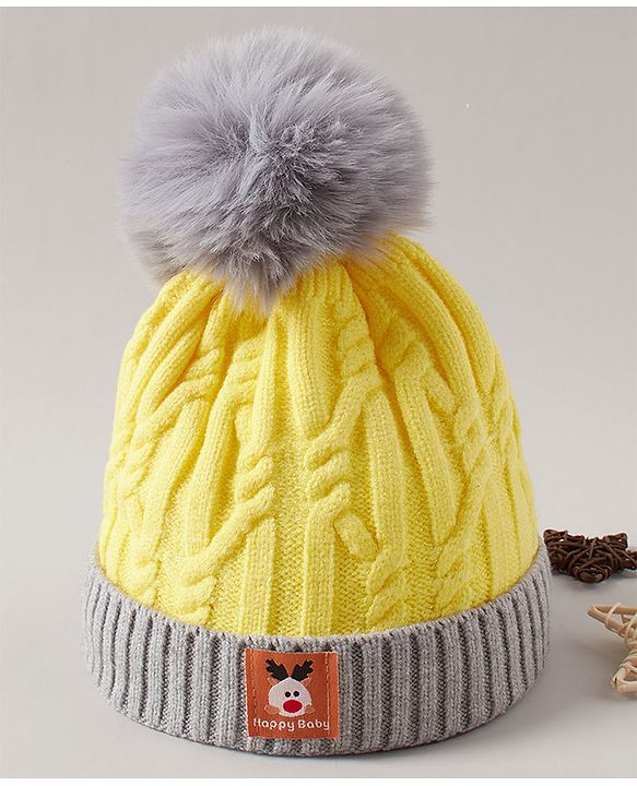 Babyhug Woollen Cap with Pompom - Yellow