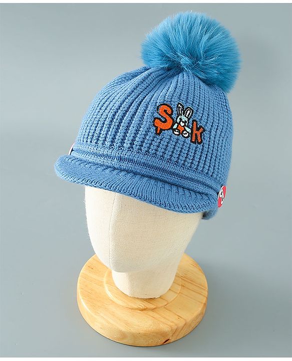 Babyhug Pom Pom Woollen Cap Bunny Embroidery - Blue