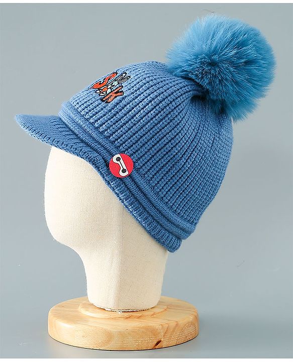 Babyhug Pom Pom Woollen Cap Bunny Embroidery - Blue