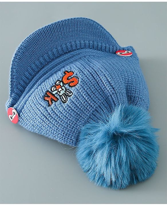 Babyhug Pom Pom Woollen Cap Bunny Embroidery - Blue