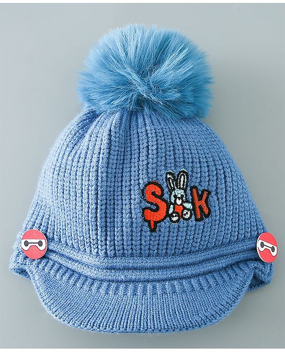 Babyhug Pom Pom Woollen Cap Bunny Embroidery - Blue