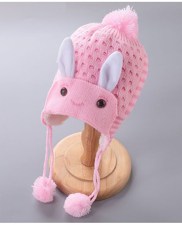 Babyhug Woollen Cap With  Bunny Design & Pompom - Pink