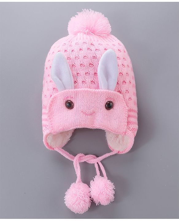 Babyhug Woollen Cap With  Bunny Design & Pompom - Pink