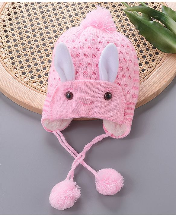 Babyhug Woollen Cap With  Bunny Design & Pompom - Pink
