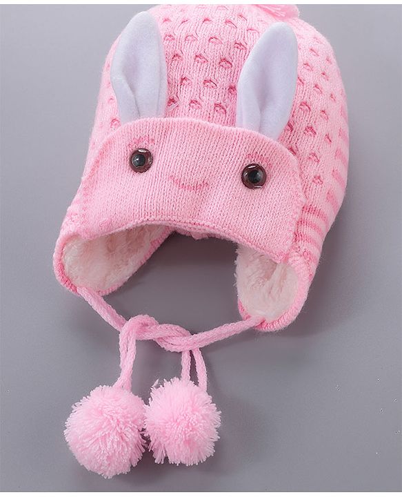 Babyhug Woollen Cap With  Bunny Design & Pompom - Pink