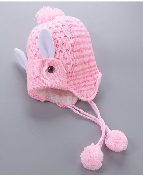 Babyhug Woollen Cap With  Bunny Design & Pompom - Pink