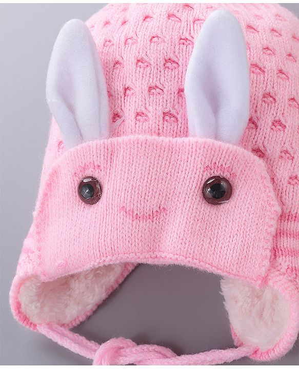 Babyhug Woollen Cap With  Bunny Design & Pompom - Pink