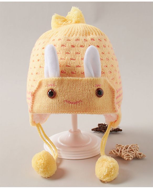 Babyhug Woollen Cap With  Bunny Design & Pompom - Yellow
