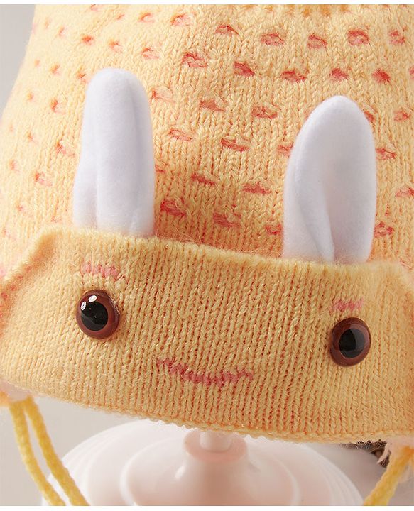 Babyhug Woollen Cap With  Bunny Design & Pompom - Yellow