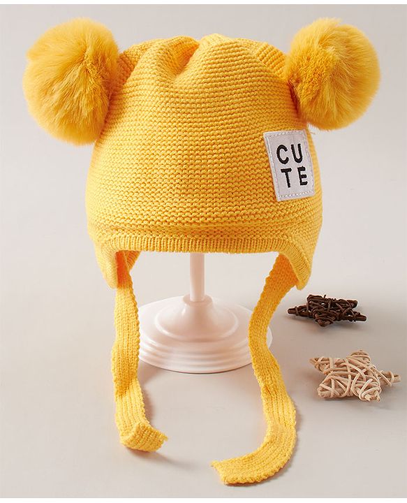 Babyhug Pom Pom Acrylic Woollen Cap Small Size - Yellow