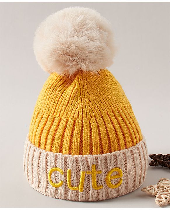 Babyhug Woollen Cap with Pompom - Yellow